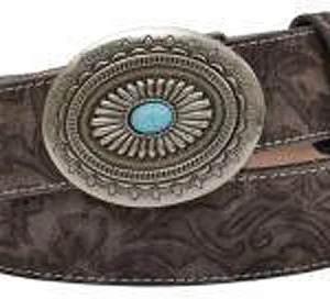 Angel Ranch Brown Floral Embossed Belt with Turquoise Stone Oval Buckle
